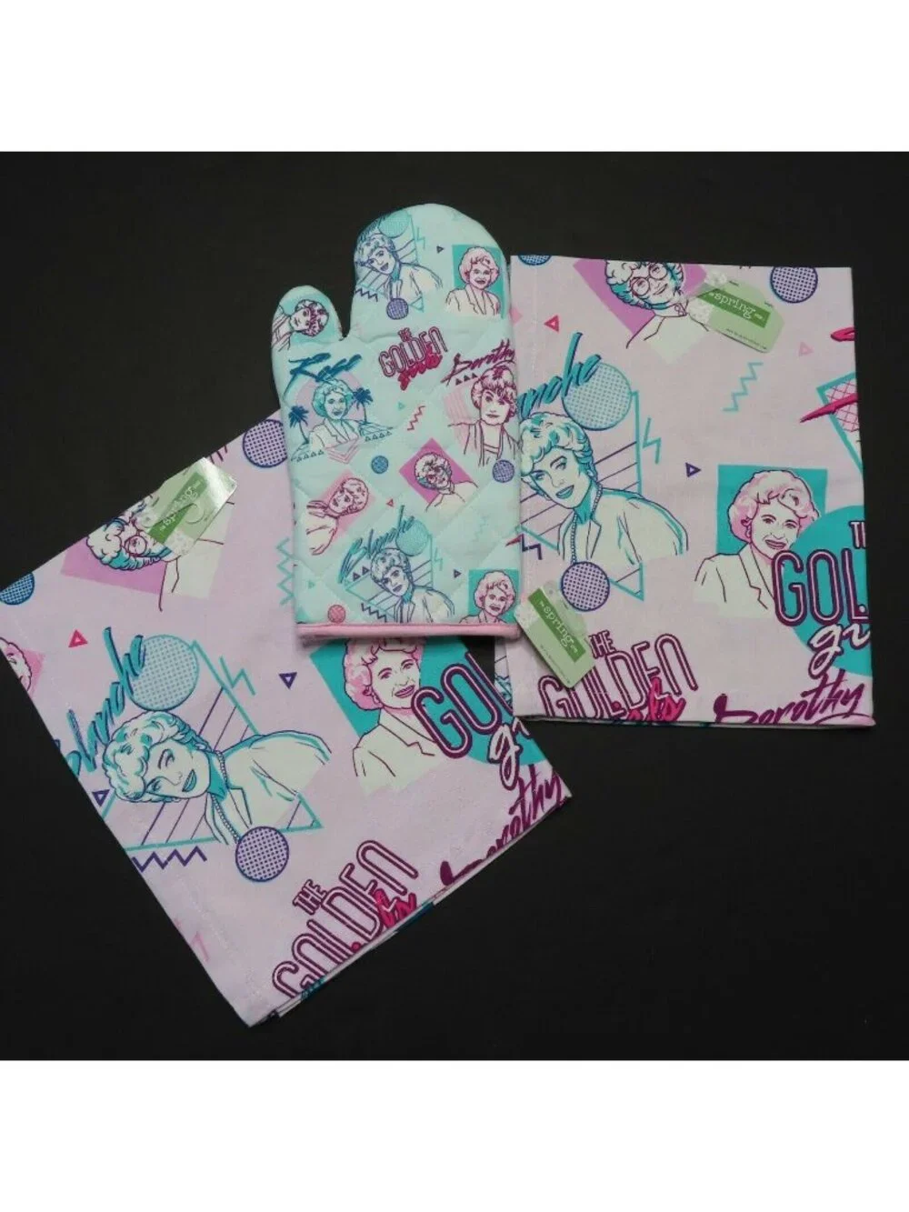 Golden Girls Oven Mitt 2 Tea Towels Kitchen Dining Set Cotton Blue Purple NEW